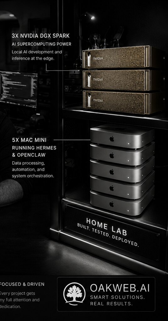 Oakweb command center — the local AI rack: Mac Studios, DGX Sparks, Mac Minis